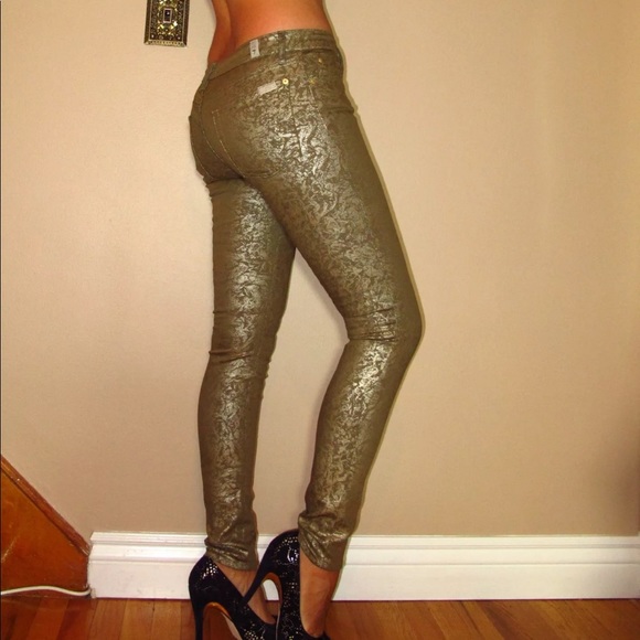 7 For All Mankind Gold Leaf Coated Skinny Jeans Size 25 Stretch - Picture 3 of 7